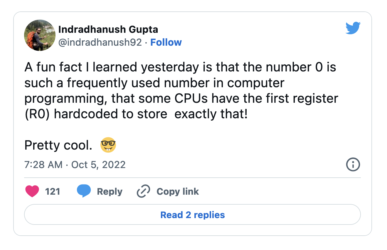 A tweet about a fun fact about computer registers